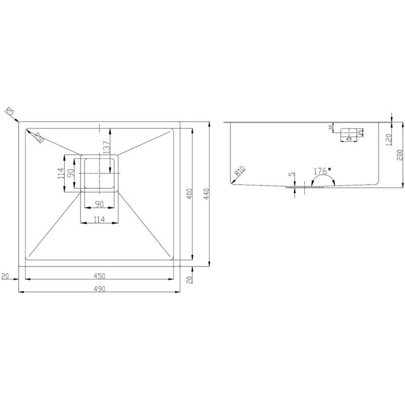 Нержавіюча кухонна мийка Fabiano Quadro 49 R10 Nano Graphite (49x44) 1,20 мм