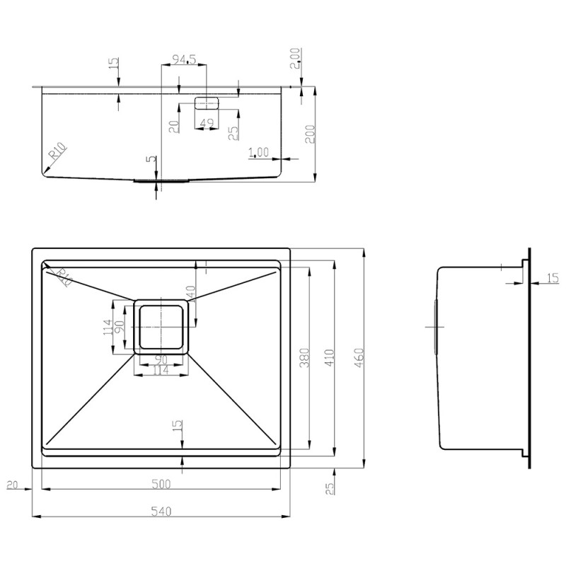 Нержавіюча кухонна мийка Fabiano Quadro Center 54 Celldecor Nano Graphite