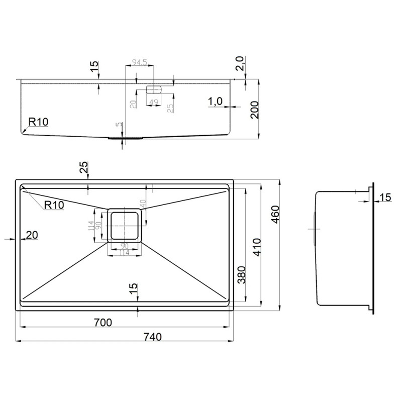 Нержавіюча кухонна мийка Fabiano Quadro Center 74 Celldecor